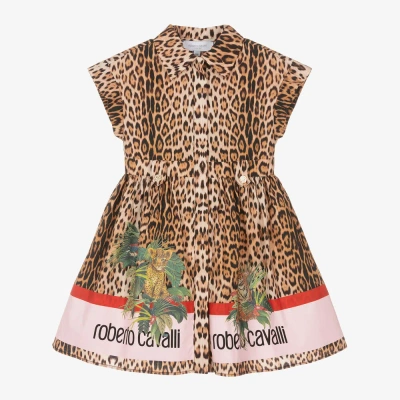 Roberto Cavalli Kids' Girls Beige Leopard Print Shirt Dress