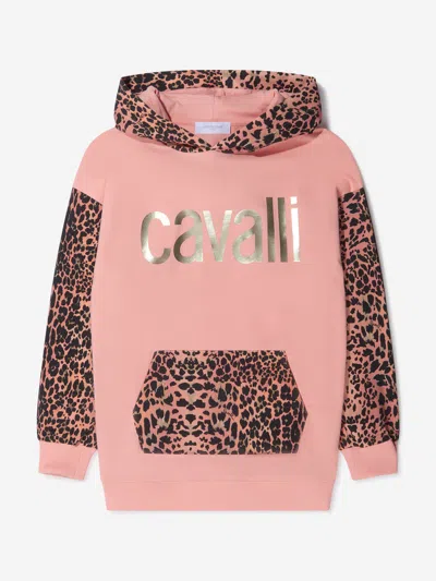 Roberto Cavalli Babies' Girls Cotton Leopard Print Logo Hoodie In Pink
