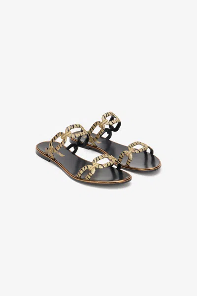 Roberto Cavalli Gold And Black Sandals In Multi
