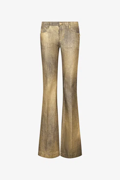 Roberto Cavalli Gold And Blue Flared Jeans With Faded Wash In Metallic