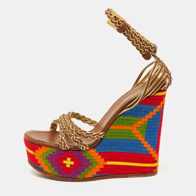 Roberto Cavalli Gold Braided Leather Platform Wedge Ankle Strap Sandals In Multi