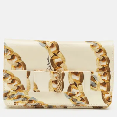 Pre-owned Roberto Cavalli Gold Chainlink Print Fabric Bow Clutch
