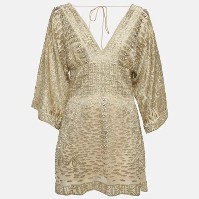 Roberto Cavalli Gold Embellished Silk Mini Dress In Brown