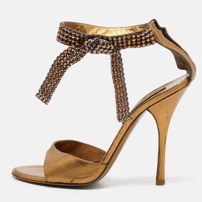 Pre-owned Roberto Cavalli Gold Leather Crystal Embellished Ankle Strap Sandals Size 36