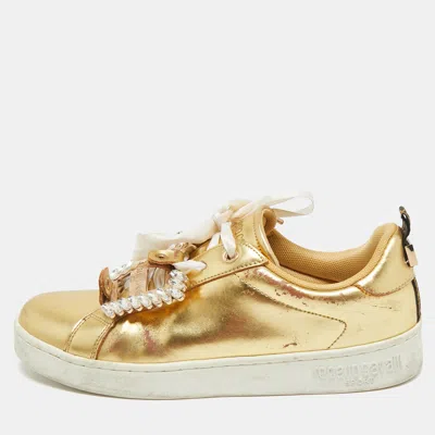 Pre-owned Roberto Cavalli Gold Leather Crystal Embellished Low Top Sneakers Size 39