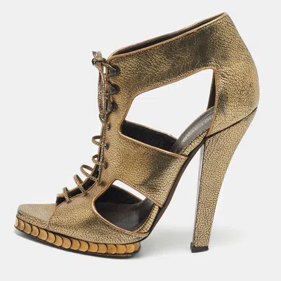 Pre-owned Roberto Cavalli Gold Leather Cut Out Lace Up Booties Size 39