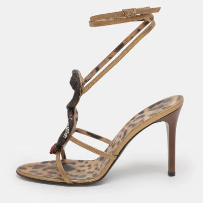 Pre-owned Roberto Cavalli Gold Leather Heart Snake Ankle Strap Sandals Size 38