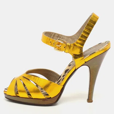 Roberto Cavalli Gold Leather Open Toe Ankle Strap Sandals In Yellow