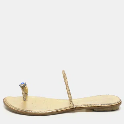 Pre-owned Roberto Cavalli Gold Leather Toe Ring Flat Sandals Size 39
