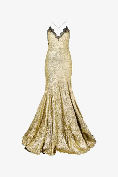 Roberto Cavalli Gold Maxi Dress In Craquelé Silk Blend