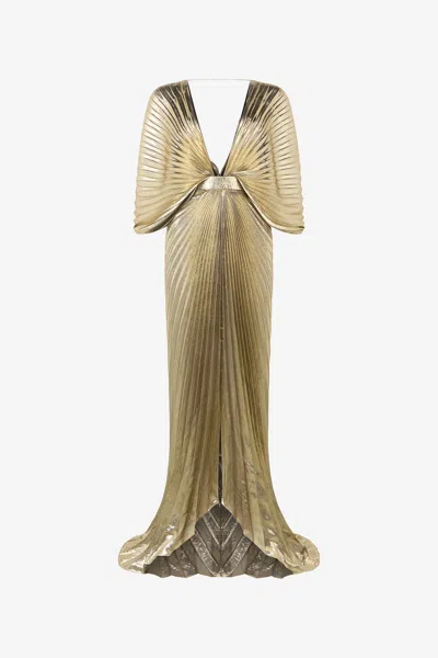 Roberto Cavalli Gold Maxi Dress With Ray Of Gold Motif