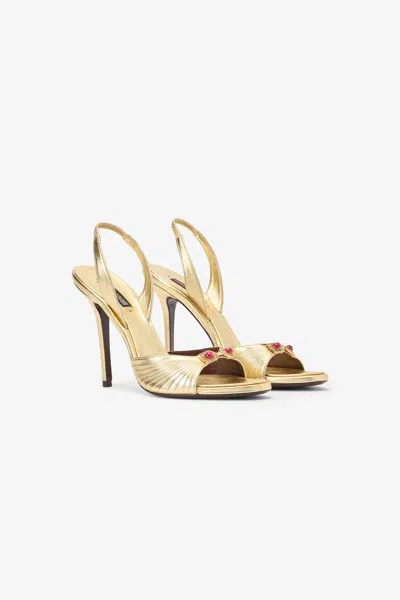Roberto Cavalli Gold Sandals With Jewel Buckle