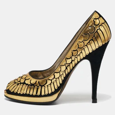 Pre-owned Roberto Cavalli Gold/black Suede Leather Fish Scale Peep Toe Platform Pumps Size 40