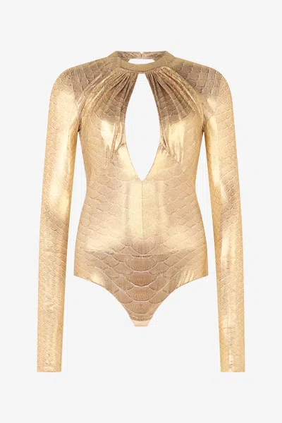 Roberto Cavalli Golden Beige Bodysuit With Scale Print