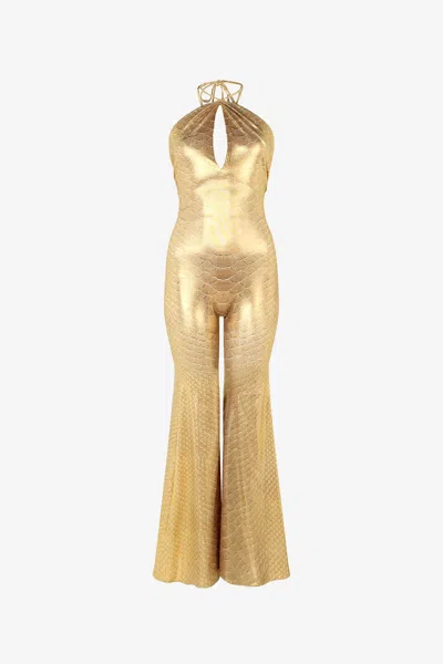 Roberto Cavalli Golden Beige Jumpsuit With Scale Print