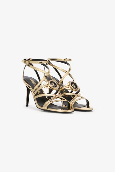 Roberto Cavalli Gold High-heel Sandals With Logo Medallion