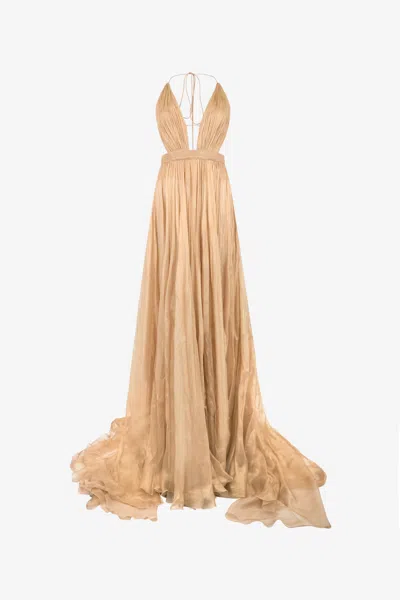 Roberto Cavalli Gold Silk Maxi Dress In Brown