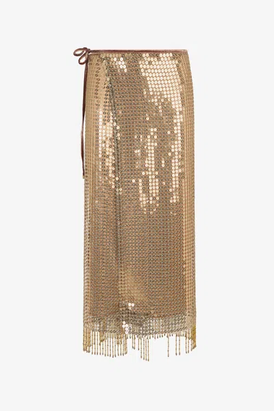 Roberto Cavalli Sequin Fringed Midi Skirt In Gold
