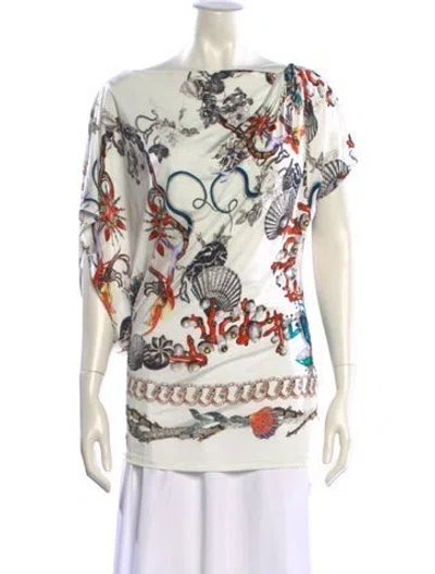 Pre-owned Roberto Cavalli Graphic Print Bateau Neckline T-shirt In White