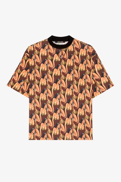 Roberto Cavalli Graphic-print Cotton T-shirt In Brown