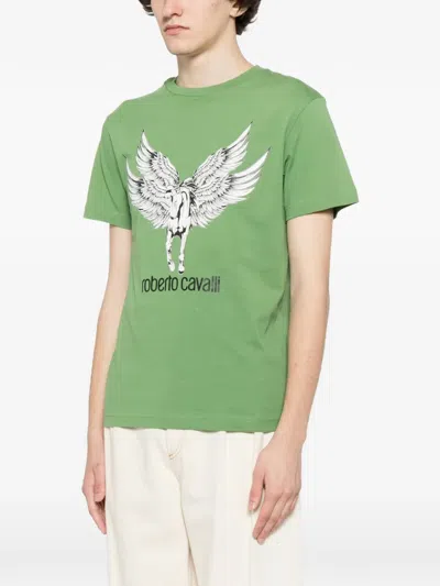 Roberto Cavalli Graphic-print Cotton T-shirt In Green