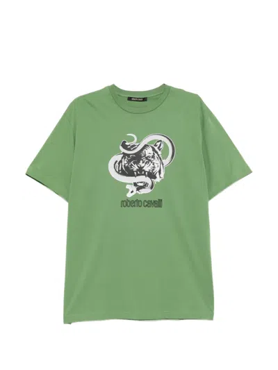 Roberto Cavalli Graphic-print Cotton T-shirt In Green