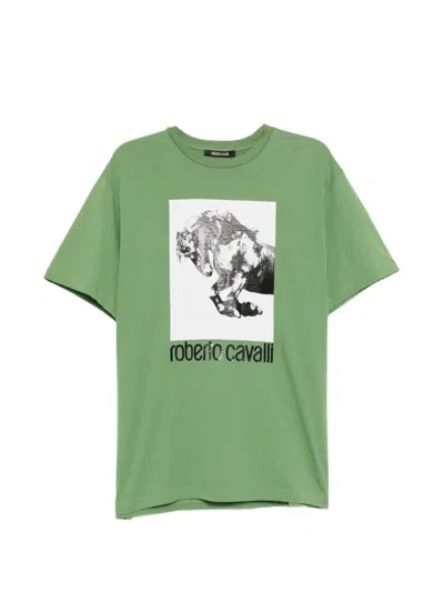 Roberto Cavalli Graphic-print Cotton T-shirt In Green