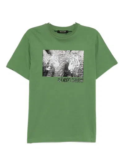 Roberto Cavalli Graphic-print Cotton T-shirt In Metallic