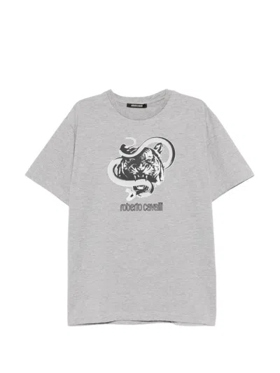 Roberto Cavalli Graphic-print Crew-neck T-shirt In Gray
