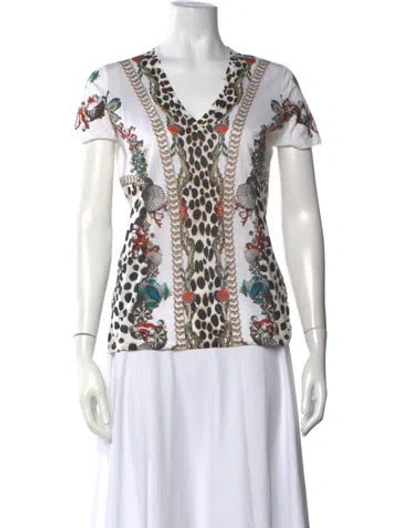 Pre-owned Roberto Cavalli Graphic Print V-neck T-shirt In White
