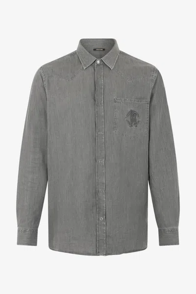 Roberto Cavalli Grey Cotton Shirt With Embroidered Logo In Gray