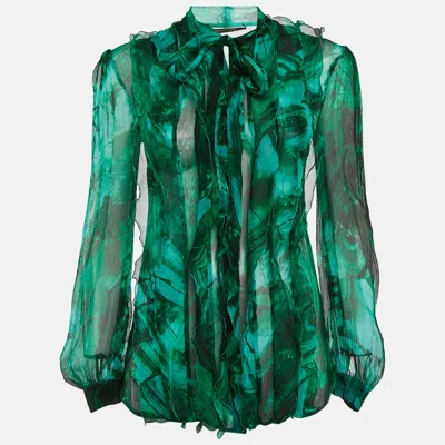 Pre-owned Roberto Cavalli Green Abstract Print Chiffon Sheer Ruffled Shirt Xs
