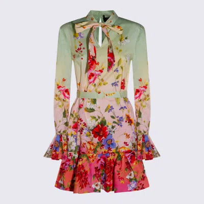 Roberto Cavalli Green And Pink Cotton Dress In Multi