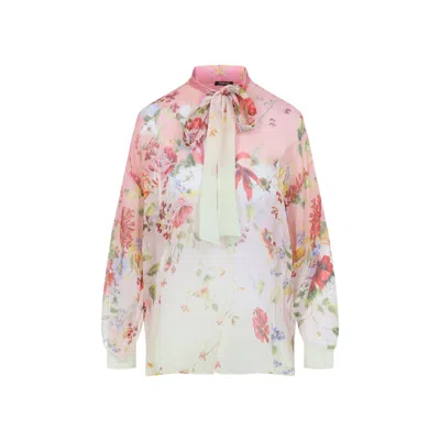 Roberto Cavalli Green And Pink Miami Flowers Silk Blouse In Multi