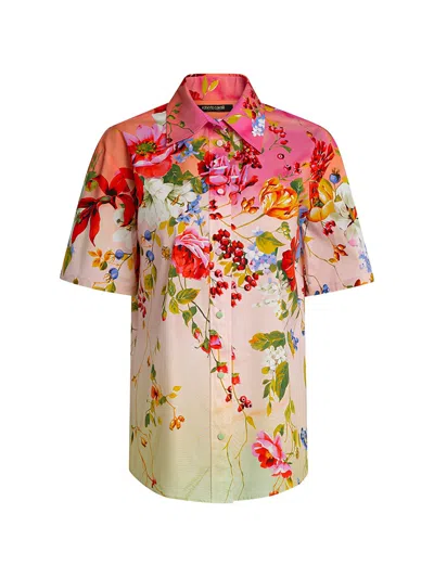 Roberto Cavalli Green Fuchsia Cotton Elastane Shirt In Multi