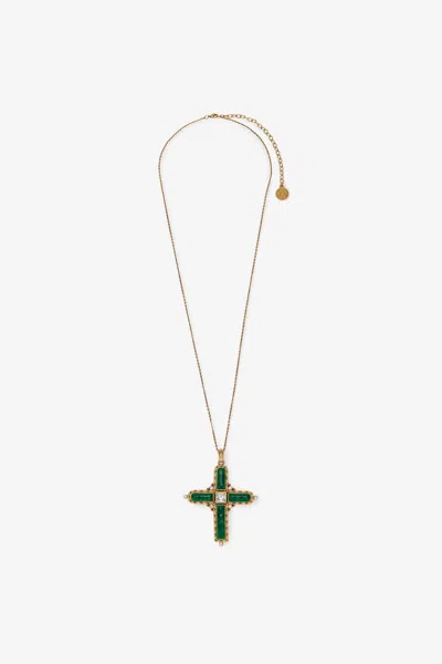 Roberto Cavalli Green Jewelled Cross Necklace
