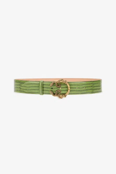Roberto Cavalli Green Leather Belt With Snake Buckle