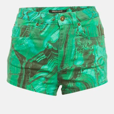 Roberto Cavalli Green Malachite Print Denim Shorts