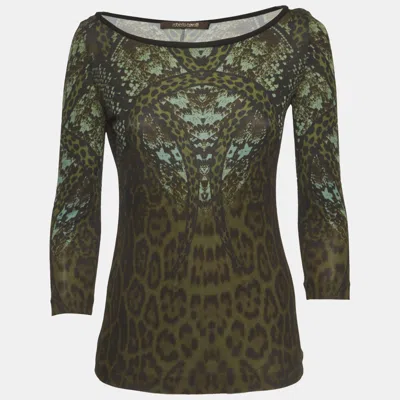 Pre-owned Roberto Cavalli Green Printed Jersey Top M