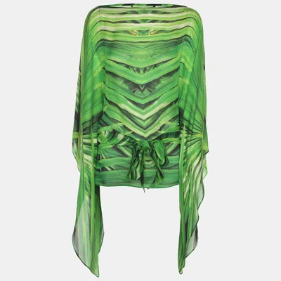 Pre-owned Roberto Cavalli Green Printed Silk Belted Kaftan Top S