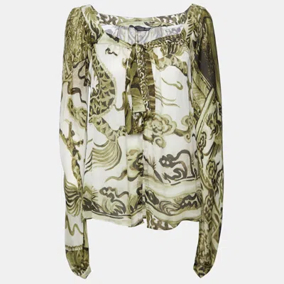 Pre-owned Roberto Cavalli Green Printed Silk Tie Detail Top M