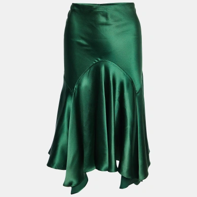 Pre-owned Roberto Cavalli Green Silk Satin Asymmetric Hem Skirt M