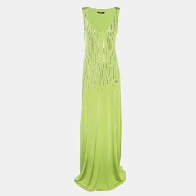 Pre-owned Roberto Cavalli Green Stretch Satin Sequin Embellished Long Dress M