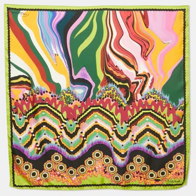 Roberto Cavalli Green/pink Printed Silk Scarf In Multi