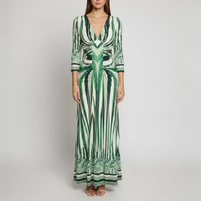 Pre-owned Roberto Cavalli Green/white Printed Jersey Ruched Maxi Dress M
