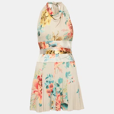 Pre-owned Roberto Cavalli Grey Floral Print Jersey Halter Neck Mini Dress M