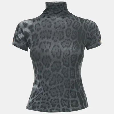 Pre-owned Roberto Cavalli Grey Leopard Print Modal Jersey High Neck Top S