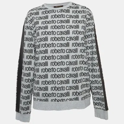 Roberto Cavalli Grey Logo Print Cotton Crew Neck Sweatshirt In Multi