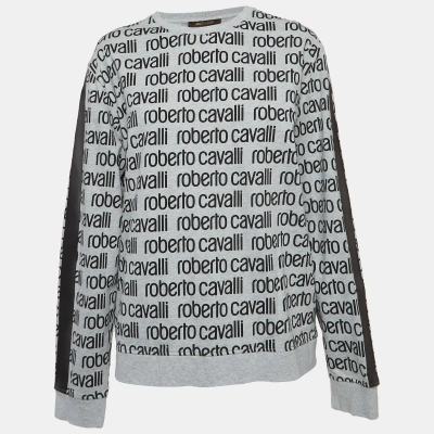 Pre-owned Roberto Cavalli Grey Logo Print Cotton Crew Neck Sweatshirt L