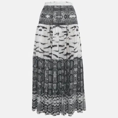 Pre-owned Roberto Cavalli Grey Printed Silk Maxi Skirt L In Gray